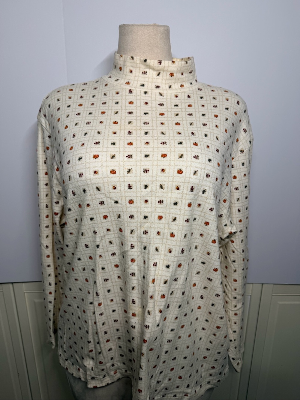 Croft & Barrow Woman 2X Pumpkin Harvest Mock Neck Cotton Fall Top Grid Check